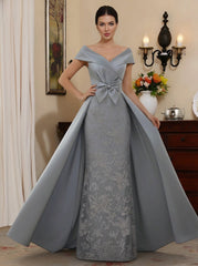 Sheath Column Off The Shoulder Satin Mother Of The Bride Dresses With Overskirt Sleeveless Floor Length Lace Bowknot