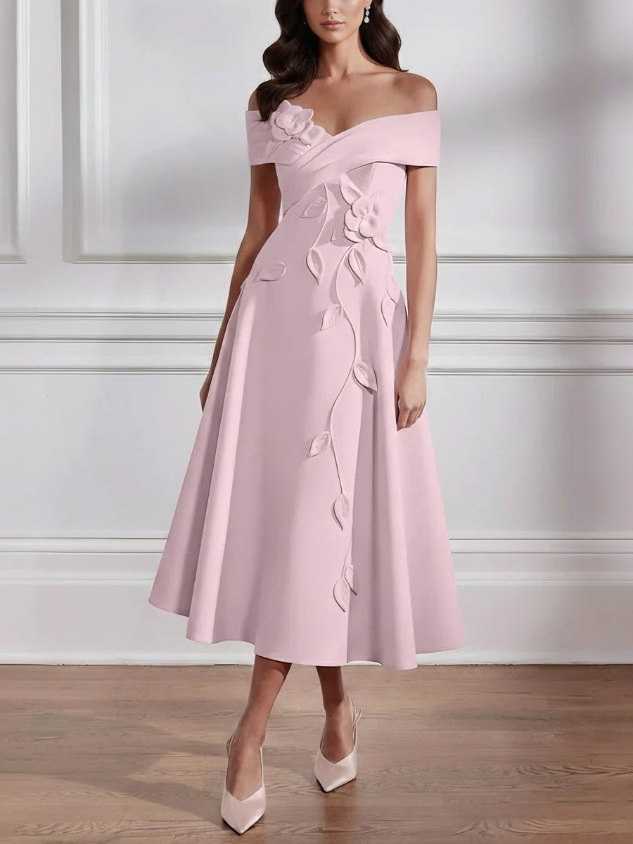 A-Line/Princess Off-the-shoulder Stretch Satin Mother of the Bride Dresses with 3D Flower Tea-Length Floral Sleeveless