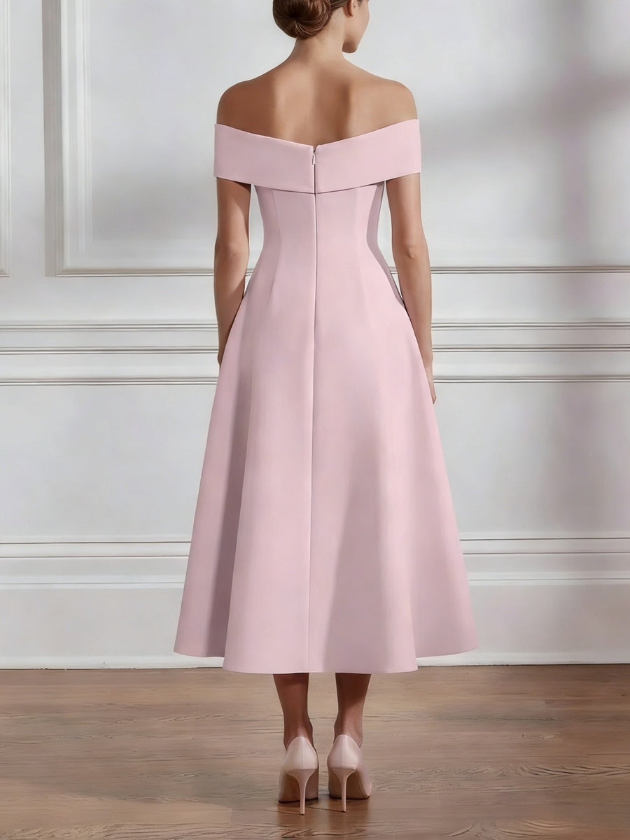 A Line Princess Off The Shoulder Stretch Satin Mother Of The Bride Dresses With 3D Flower Tea Length Floral Sleeveless