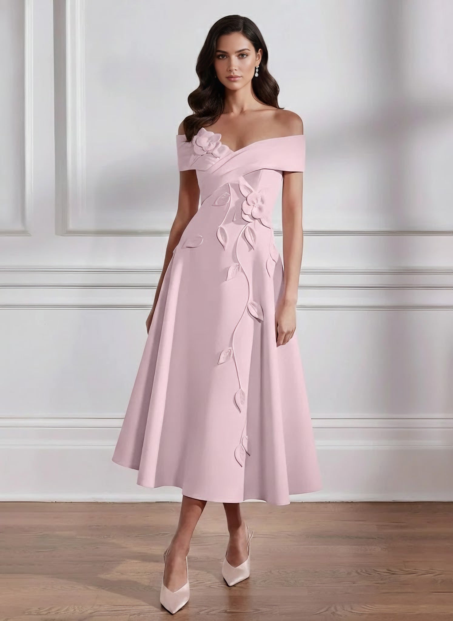 A Line Princess Off The Shoulder Stretch Satin Mother Of The Bride Dresses With 3D Flower Tea Length Floral Sleeveless