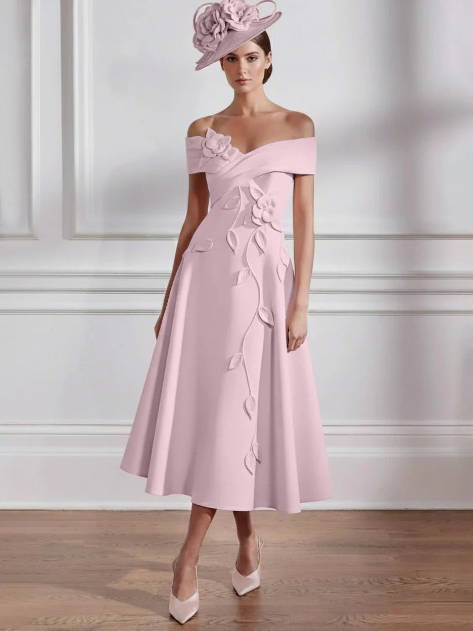 A Line Princess Off The Shoulder Stretch Satin Mother Of The Bride Dresses With 3D Flower Tea Length Floral Sleeveless