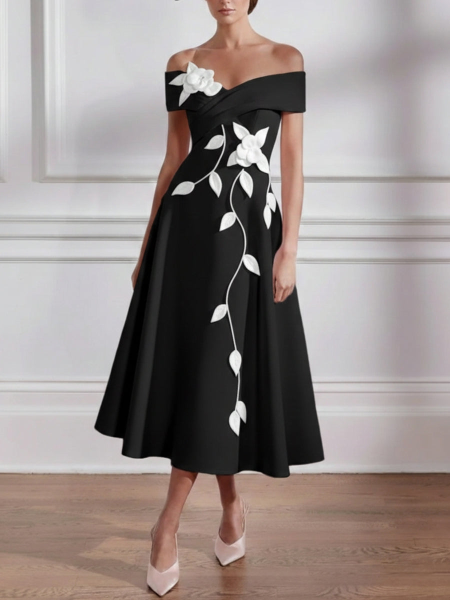 A Line Princess Off The Shoulder Stretch Satin Mother Of The Bride Dresses With 3D Flower Tea Length Floral Sleeveless