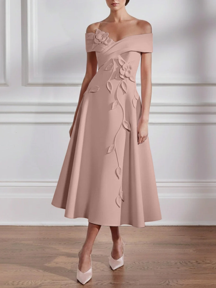 A Line Princess Off The Shoulder Stretch Satin Mother Of The Bride Dresses With 3D Flower Tea Length Floral Sleeveless
