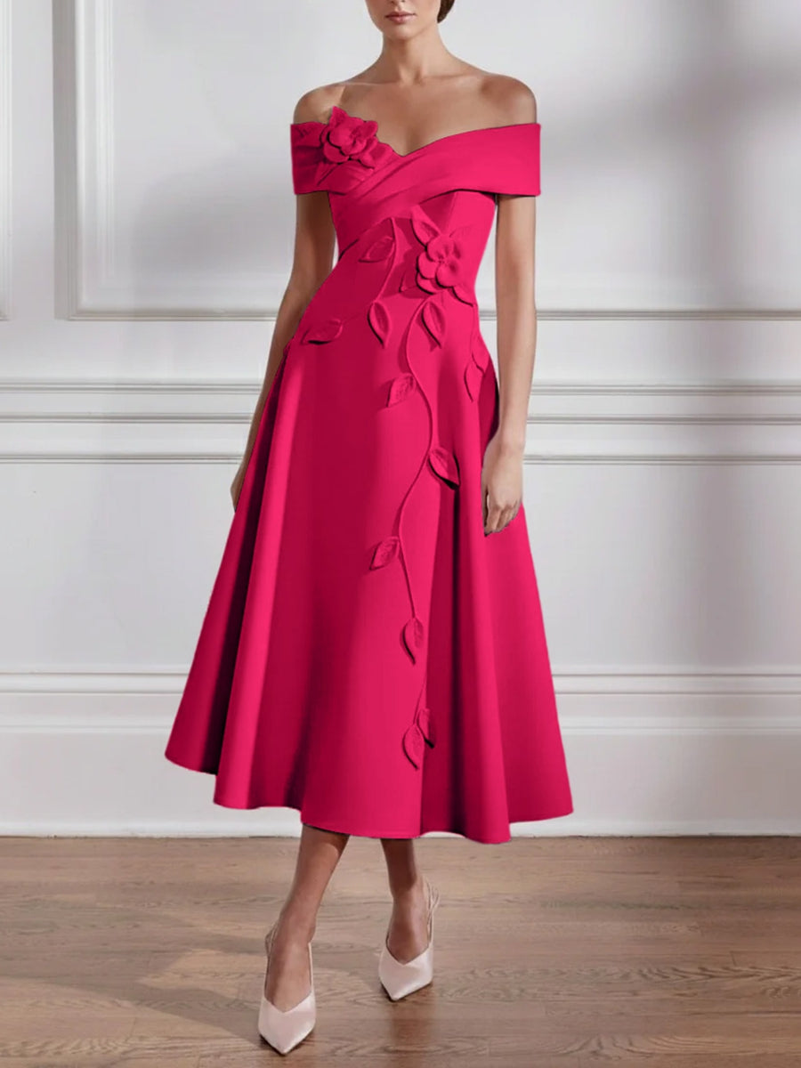 A Line Princess Off The Shoulder Stretch Satin Mother Of The Bride Dresses With 3D Flower Tea Length Floral Sleeveless