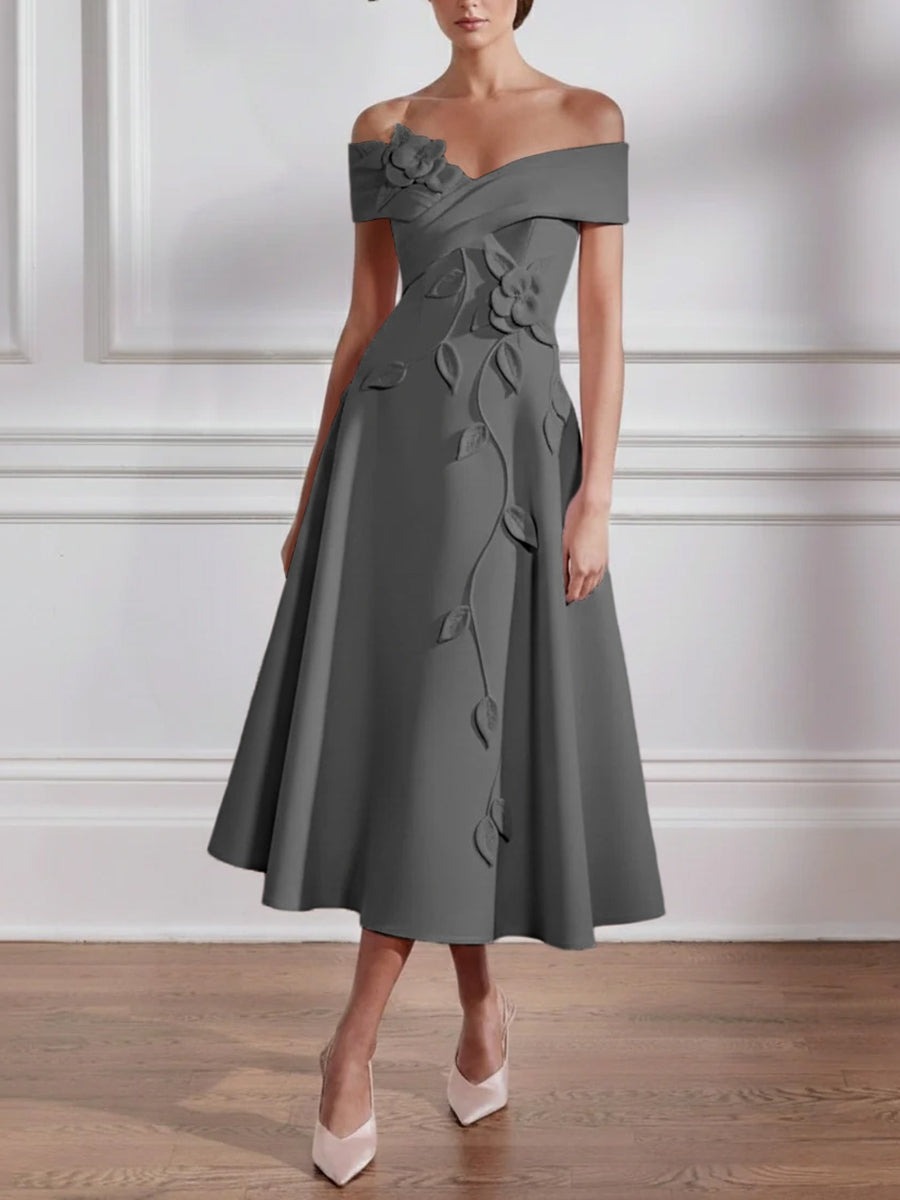 A Line Princess Off The Shoulder Stretch Satin Mother Of The Bride Dresses With 3D Flower Tea Length Floral Sleeveless