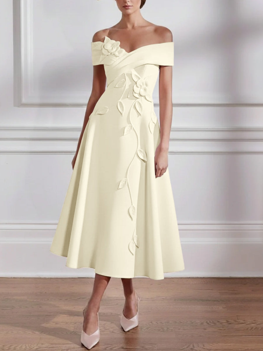 A Line Princess Off The Shoulder Stretch Satin Mother Of The Bride Dresses With 3D Flower Tea Length Floral Sleeveless