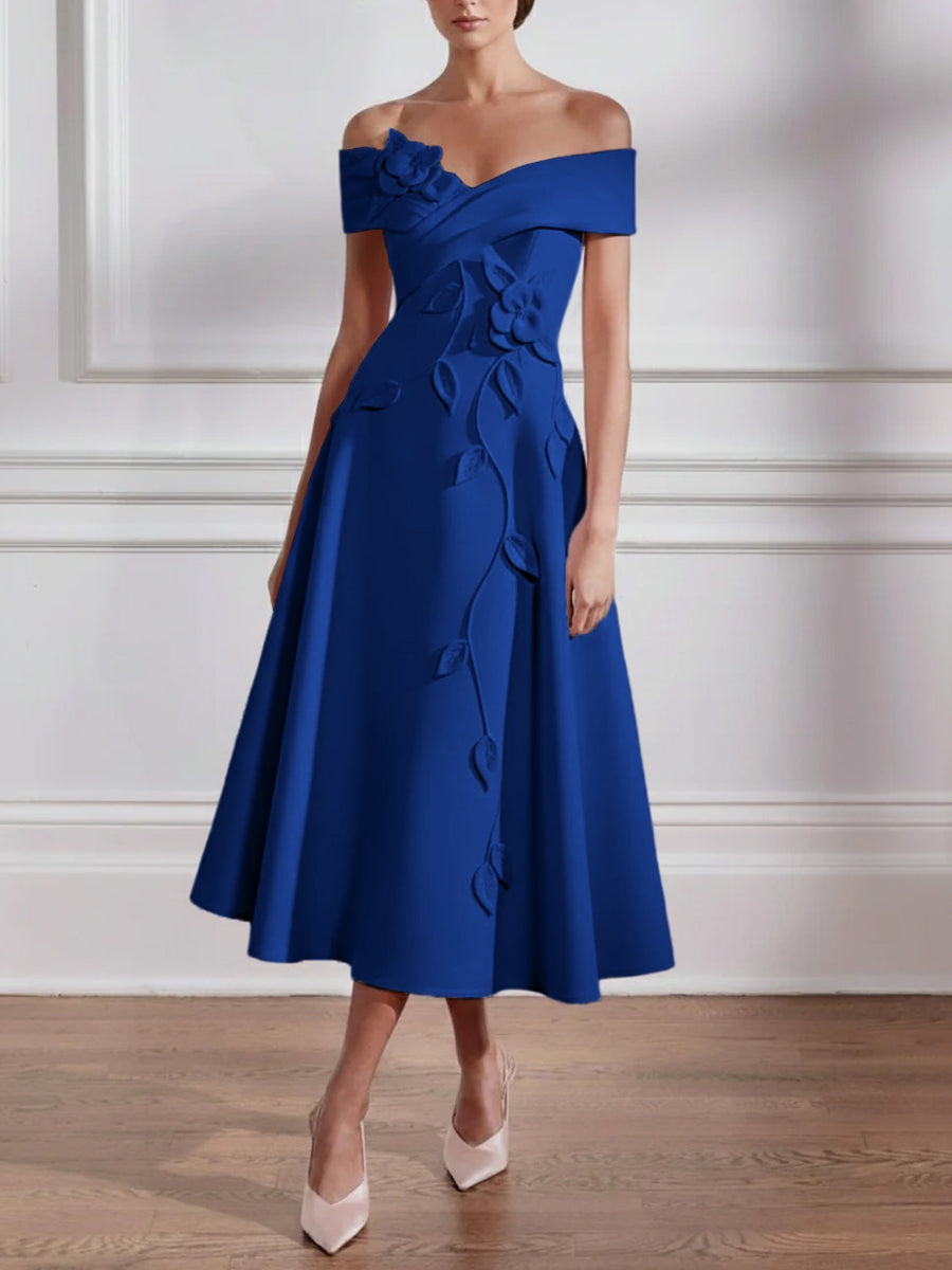 A Line Princess Off The Shoulder Stretch Satin Mother Of The Bride Dresses With 3D Flower Tea Length Floral Sleeveless