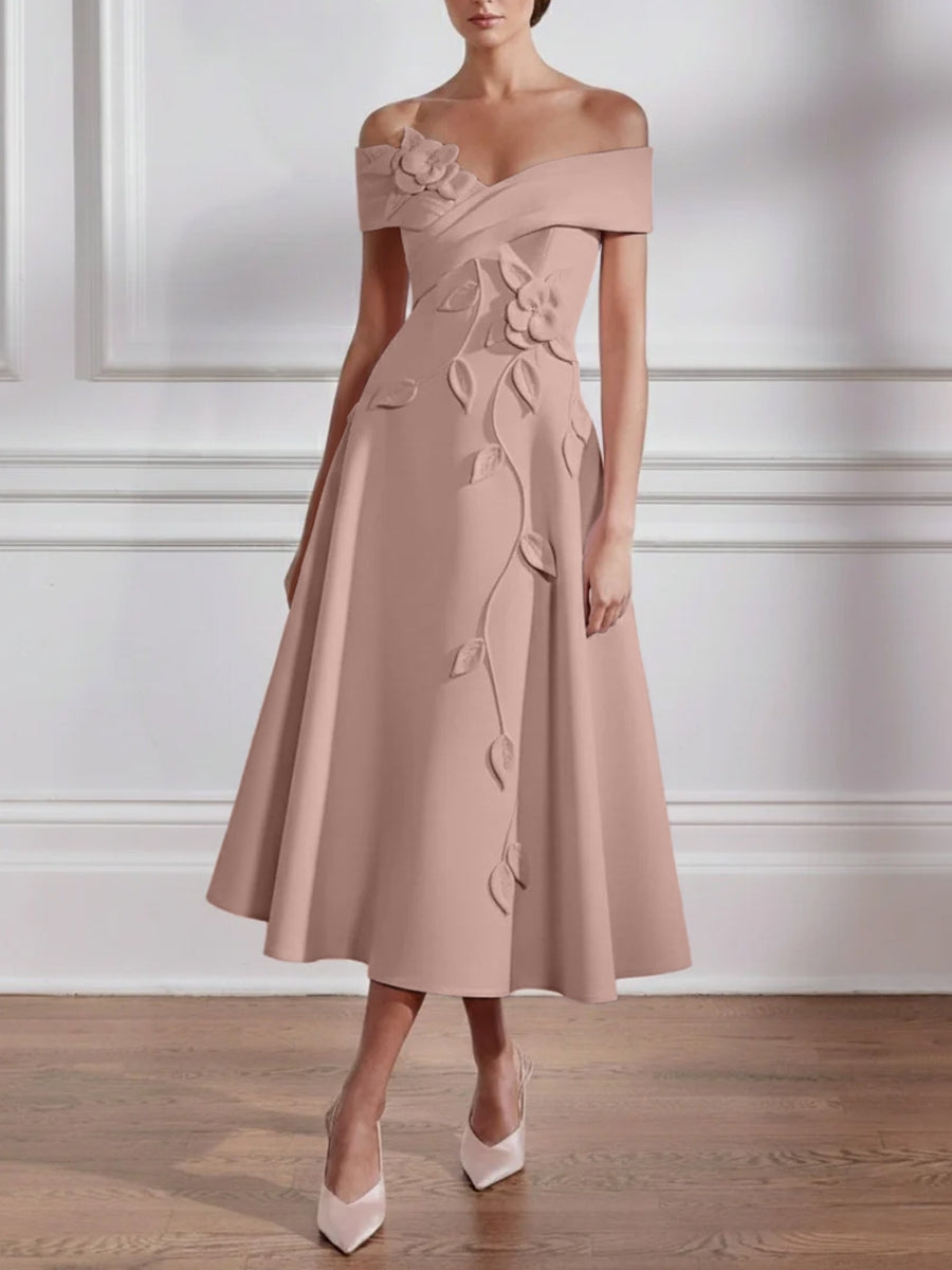 A Line Princess Off The Shoulder Stretch Satin Mother Of The Bride Dresses With 3D Flower Tea Length Floral Sleeveless