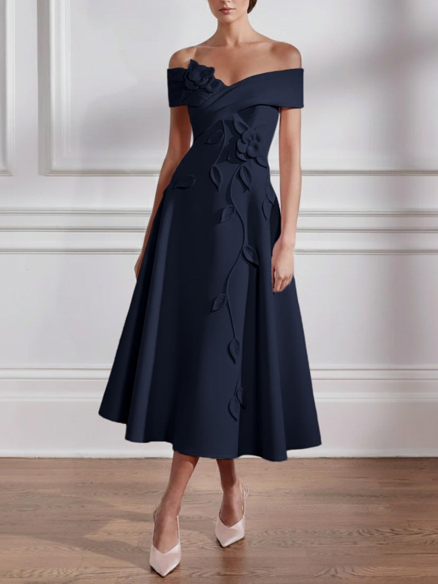 A Line Princess Off The Shoulder Stretch Satin Mother Of The Bride Dresses With 3D Flower Tea Length Floral Sleeveless