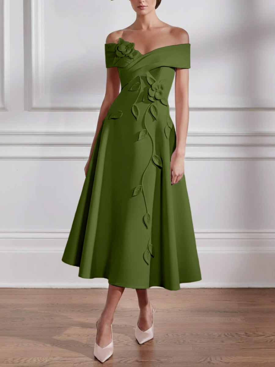 A Line Princess Off The Shoulder Stretch Satin Mother Of The Bride Dresses With 3D Flower Tea Length Floral Sleeveless