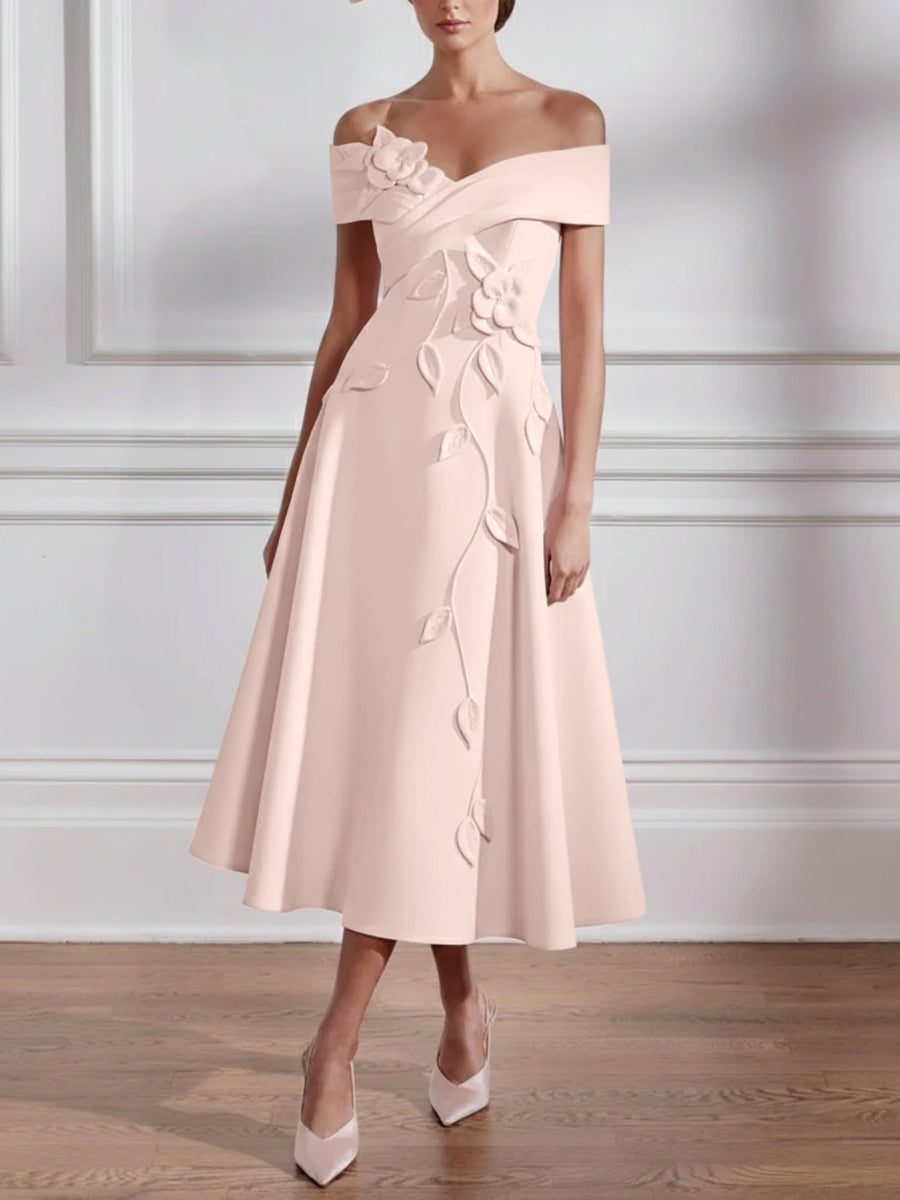 A Line Princess Off The Shoulder Stretch Satin Mother Of The Bride Dresses With 3D Flower Tea Length Floral Sleeveless