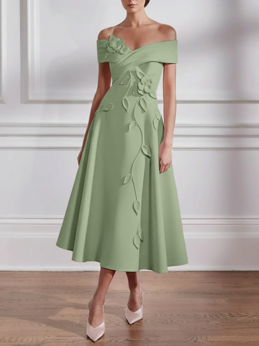 A Line Princess Off The Shoulder Stretch Satin Mother Of The Bride Dresses With 3D Flower Tea Length Floral Sleeveless