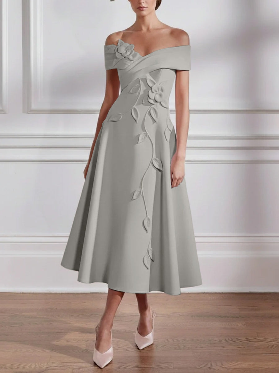 A Line Princess Off The Shoulder Stretch Satin Mother Of The Bride Dresses With 3D Flower Tea Length Floral Sleeveless
