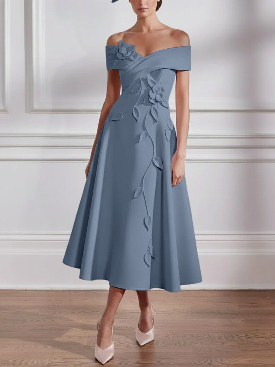 A Line Princess Off The Shoulder Stretch Satin Mother Of The Bride Dresses With 3D Flower Tea Length Floral Sleeveless
