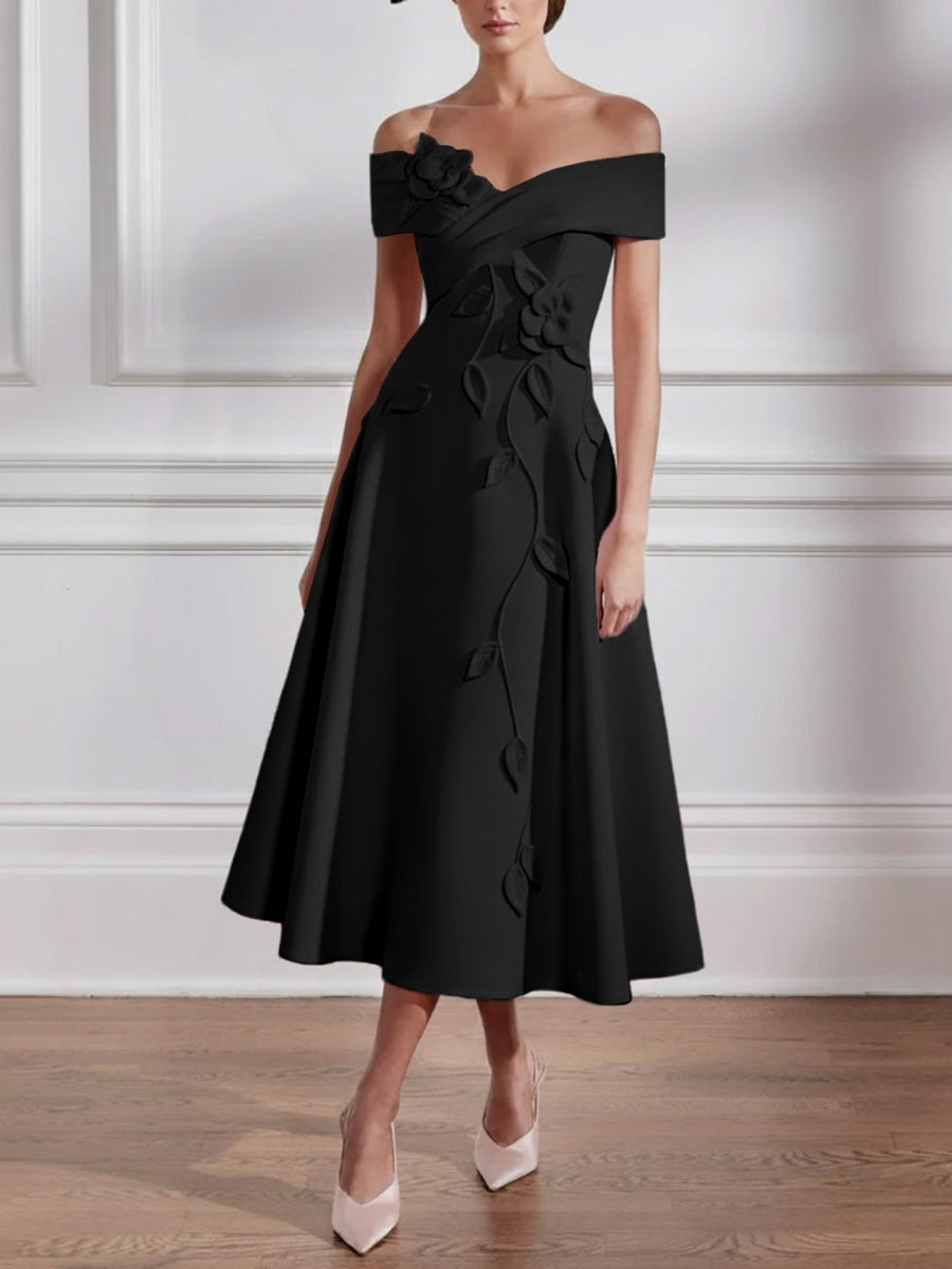 A Line Princess Off The Shoulder Stretch Satin Mother Of The Bride Dresses With 3D Flower Tea Length Floral Sleeveless