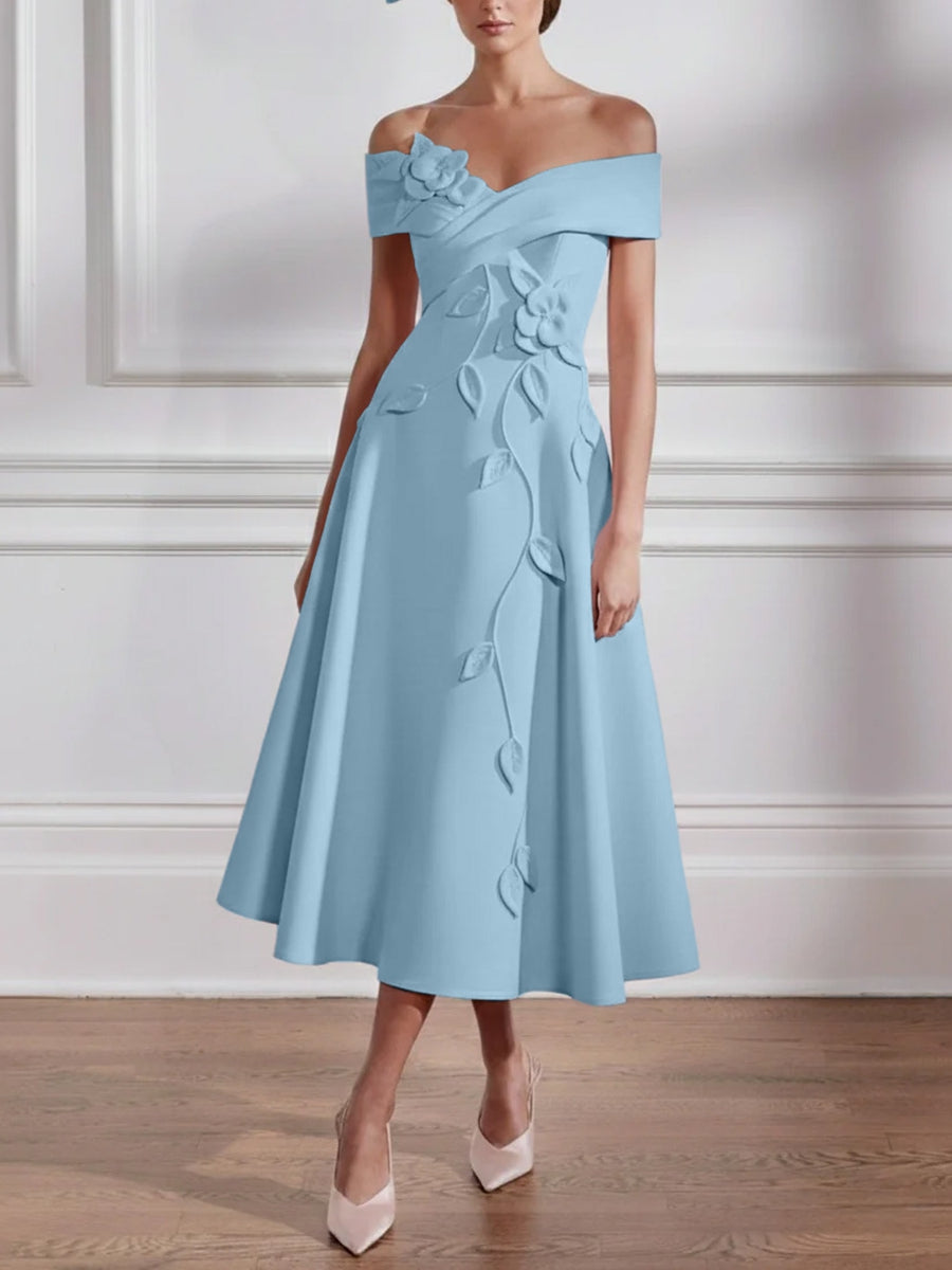 A Line Princess Off The Shoulder Stretch Satin Mother Of The Bride Dresses With 3D Flower Tea Length Floral Sleeveless