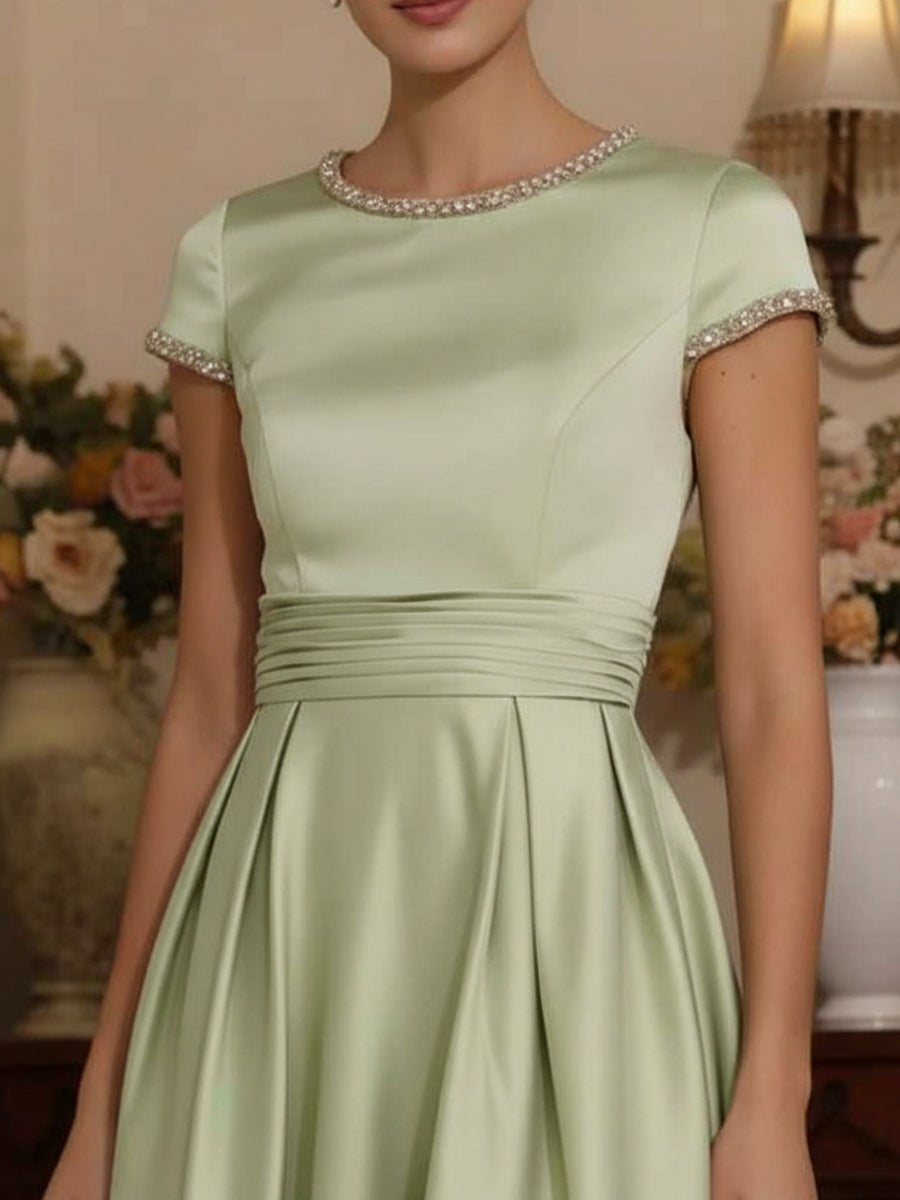 A Line Princess Silk Satin Jewel Neck Mother Ofthe Bride Dresses Floor Length Short Sleeves Rhinestone