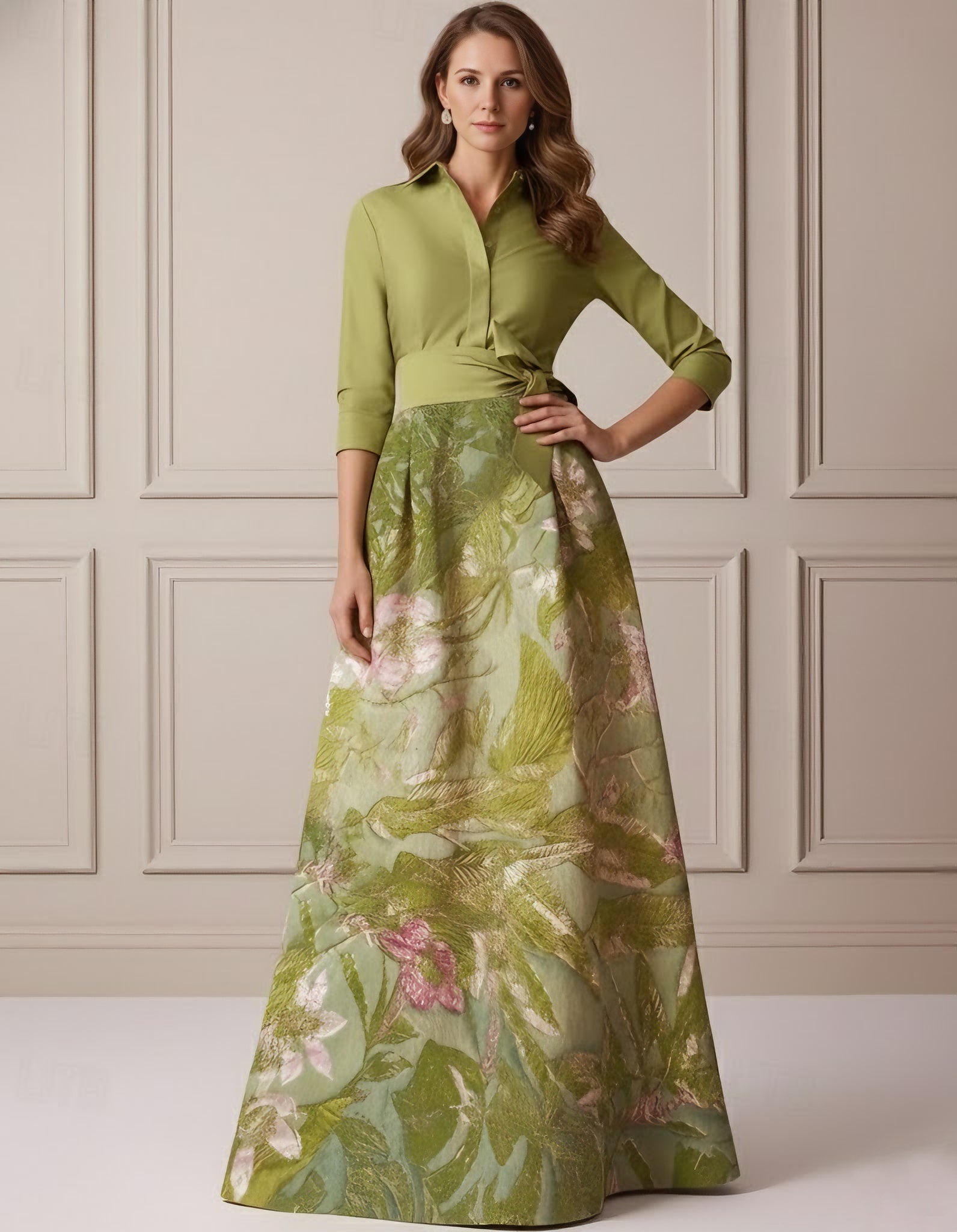 A Line Princess Shirt Collar Satin Mother Of The Bride Dresses 3 4 Sleeves Floor Length Floral Bowknot
