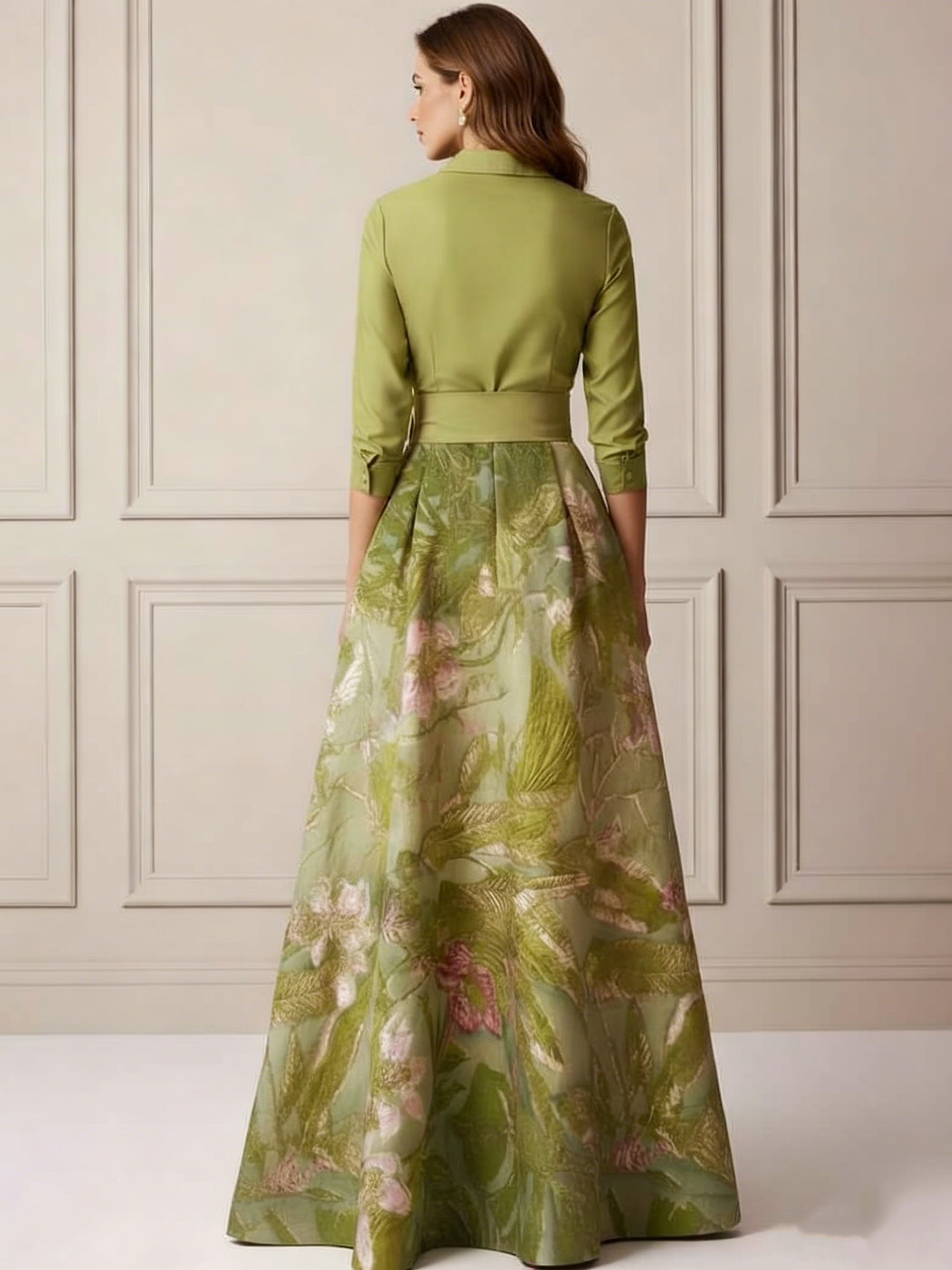 A Line Princess Shirt Collar Satin Mother Of The Bride Dresses 3 4 Sleeves Floor Length Floral Bowknot