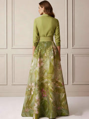 A Line Princess Shirt Collar Satin Mother Of The Bride Dresses 3 4 Sleeves Floor Length Floral Bowknot