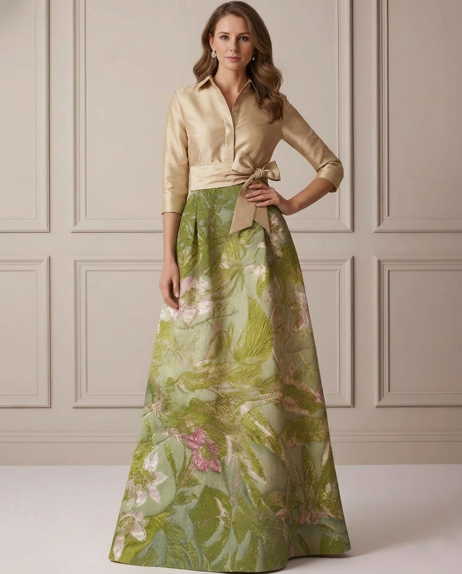 A Line Princess Shirt Collar Satin Mother Of The Bride Dresses 3 4 Sleeves Floor Length Floral Bowknot