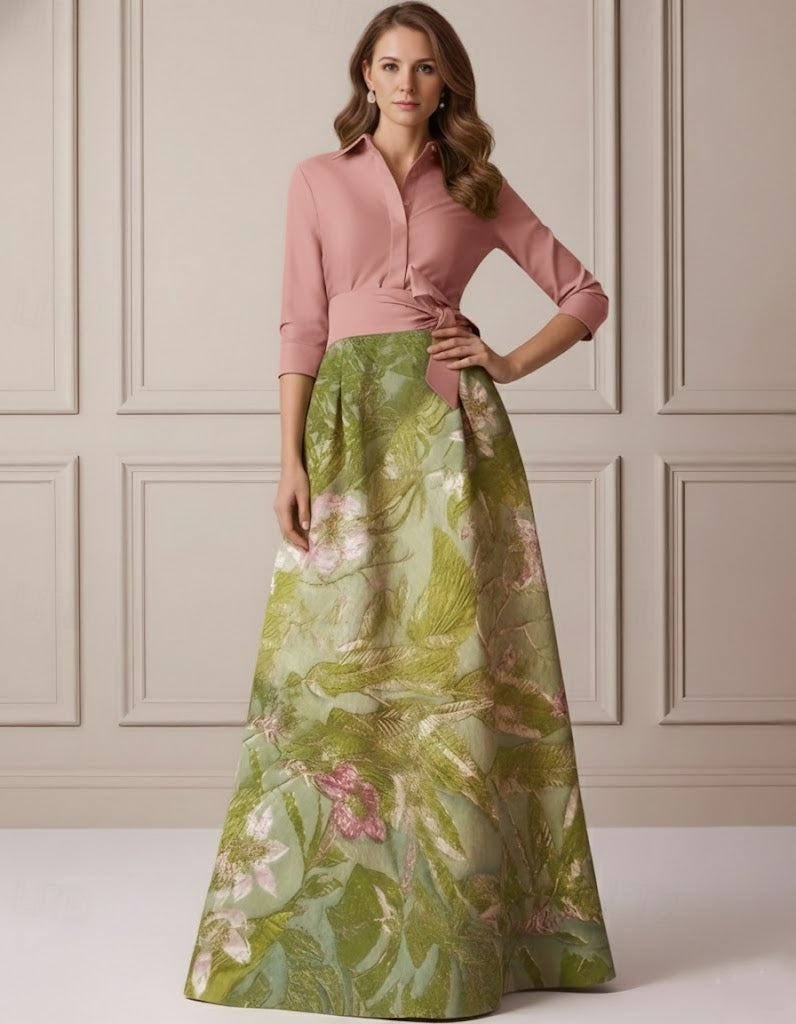 A Line Princess Shirt Collar Satin Mother Of The Bride Dresses 3 4 Sleeves Floor Length Floral Bowknot
