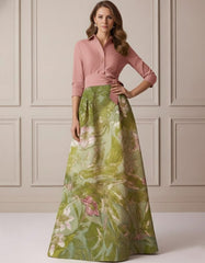 A Line Princess Shirt Collar Satin Mother Of The Bride Dresses 3 4 Sleeves Floor Length Floral Bowknot