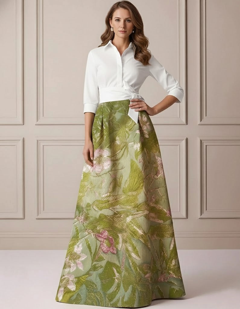 A Line Princess Shirt Collar Satin Mother Of The Bride Dresses 3 4 Sleeves Floor Length Floral Bowknot