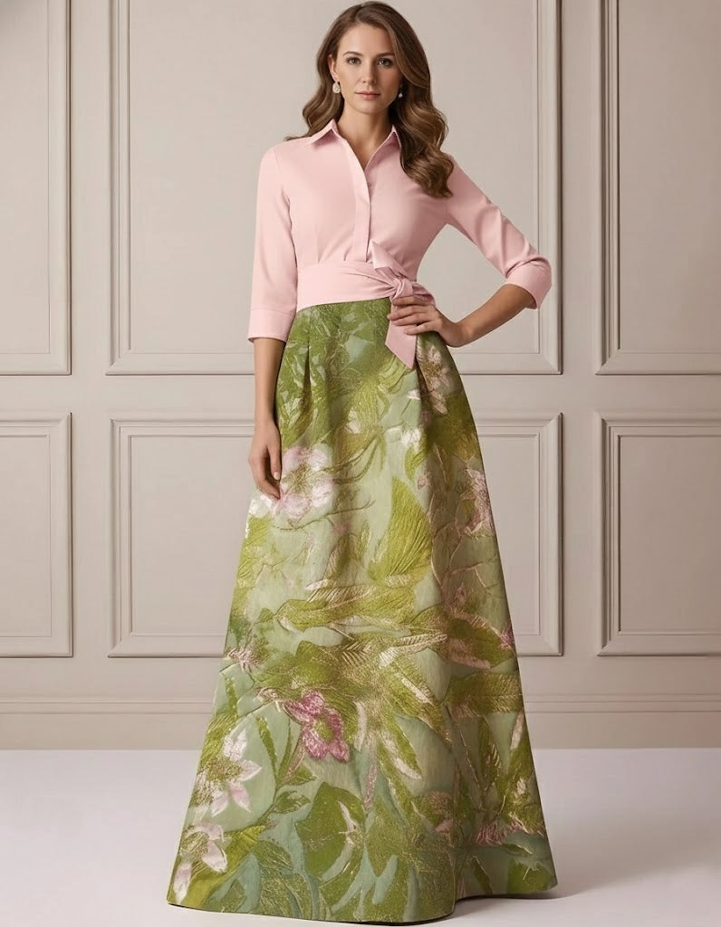 A Line Princess Shirt Collar Satin Mother Of The Bride Dresses 3 4 Sleeves Floor Length Floral Bowknot