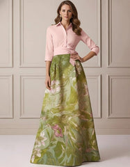 A Line Princess Shirt Collar Satin Mother Of The Bride Dresses 3 4 Sleeves Floor Length Floral Bowknot