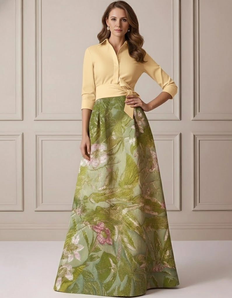 A Line Princess Shirt Collar Satin Mother Of The Bride Dresses 3 4 Sleeves Floor Length Floral Bowknot
