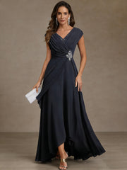 A Line Princess V Neck Chiffon Mother Of The Bride Dresses Asymmetrical Floor Length Sequins Ruched