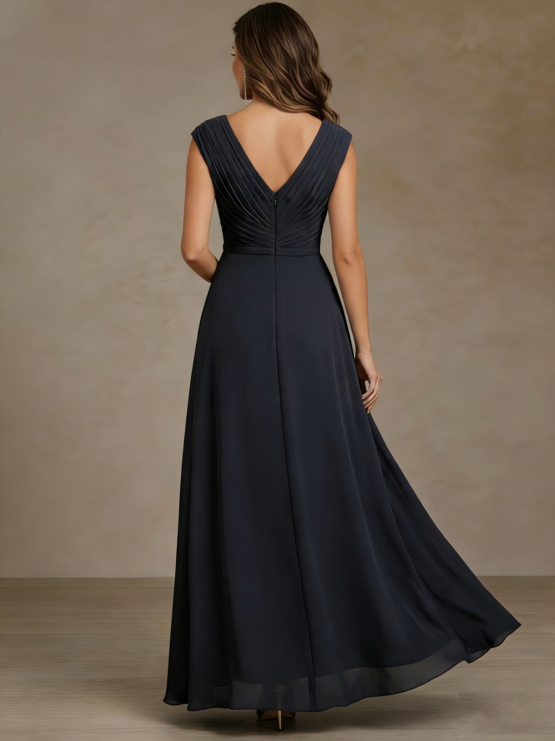 A Line Princess V Neck Chiffon Mother Of The Bride Dresses Asymmetrical Floor Length Sequins Ruched