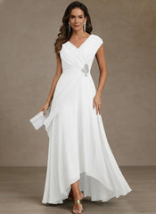 A Line Princess V Neck Chiffon Mother Of The Bride Dresses Asymmetrical Floor Length Sequins Ruched