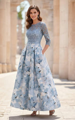 A Line Princess Scoop Satin Mother Of The Bride Dresses Lace Ankle Length Half Sleeves Printed Flower