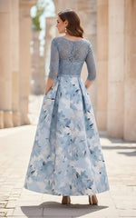 A Line Princess Scoop Satin Mother Of The Bride Dresses Lace Ankle Length Half Sleeves Printed Flower