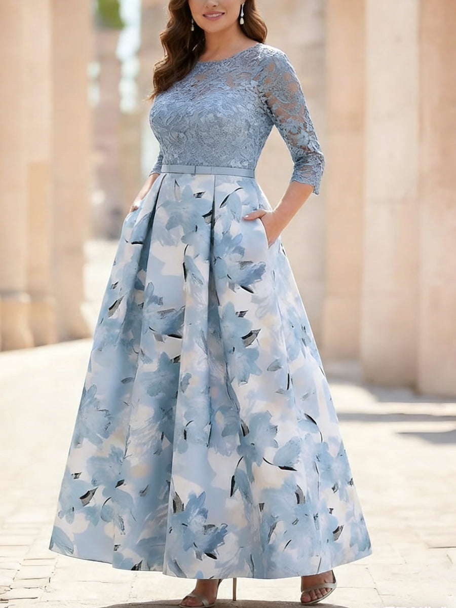A Line Princess Scoop Satin Plus Size Mother Of The Bride Dresses Lace Ankle Length Half Sleeves Printed Flower