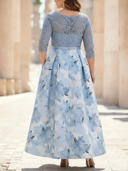 A Line Princess Scoop Satin Plus Size Mother Of The Bride Dresses Lace Ankle Length Half Sleeves Printed Flower