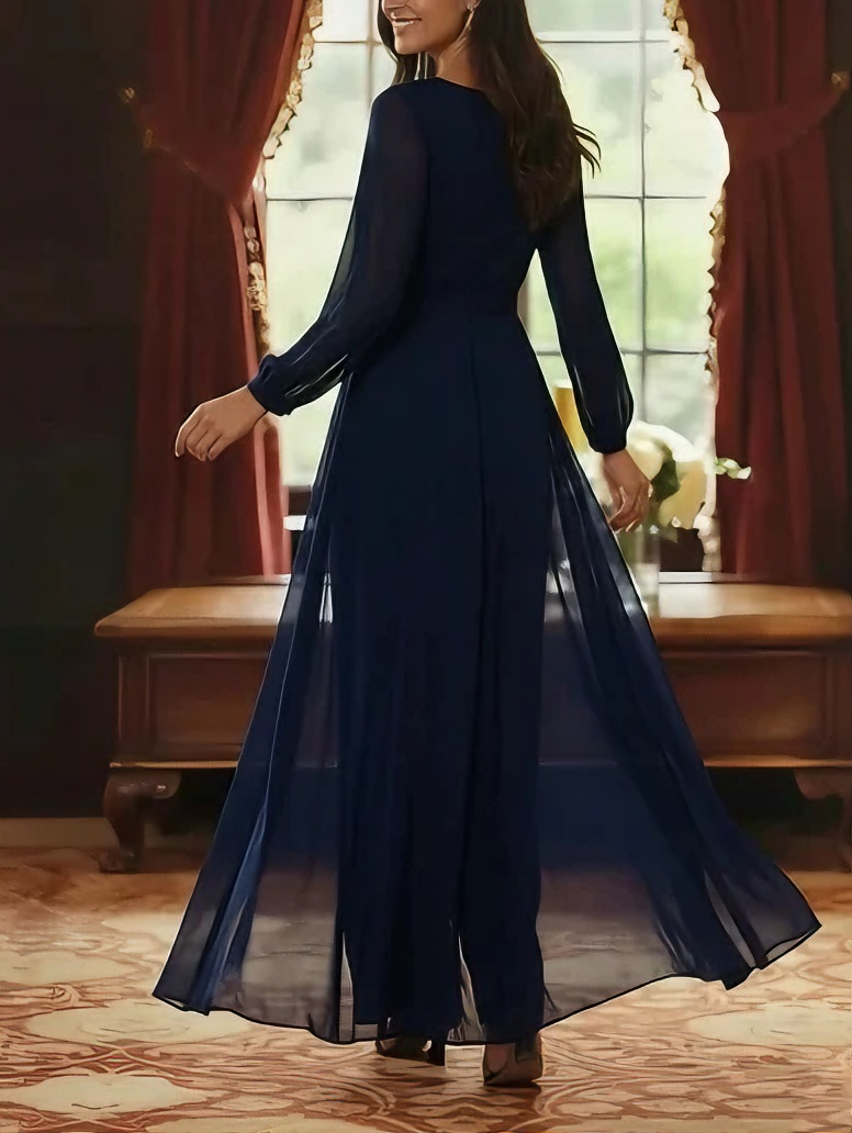 Jumpsuit Scoop Chiffon Mother Of The Bride Jumpsuit With Overskirt Ankle Length Long Sleeves