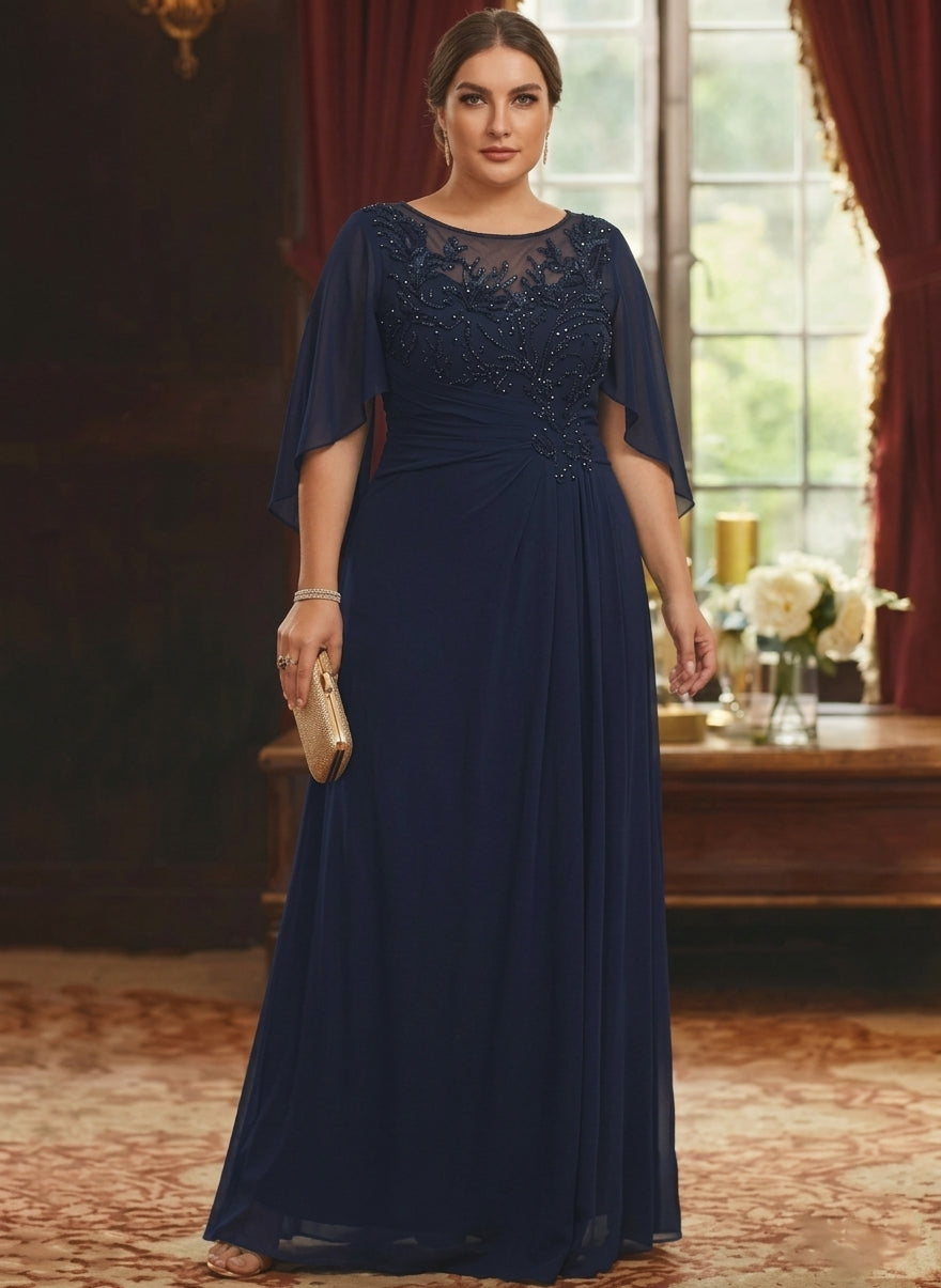 A Line Princess Scoop Chiffon Plus Size Mother Of The Bride Dresses Lace Half Sleeves Floor Length
