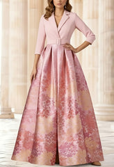 A Line Princess Shirt Collar Stretch Satin Mother Of The Bride Dresses 3 4 Sleeves Printed Satin Floral Floor Length