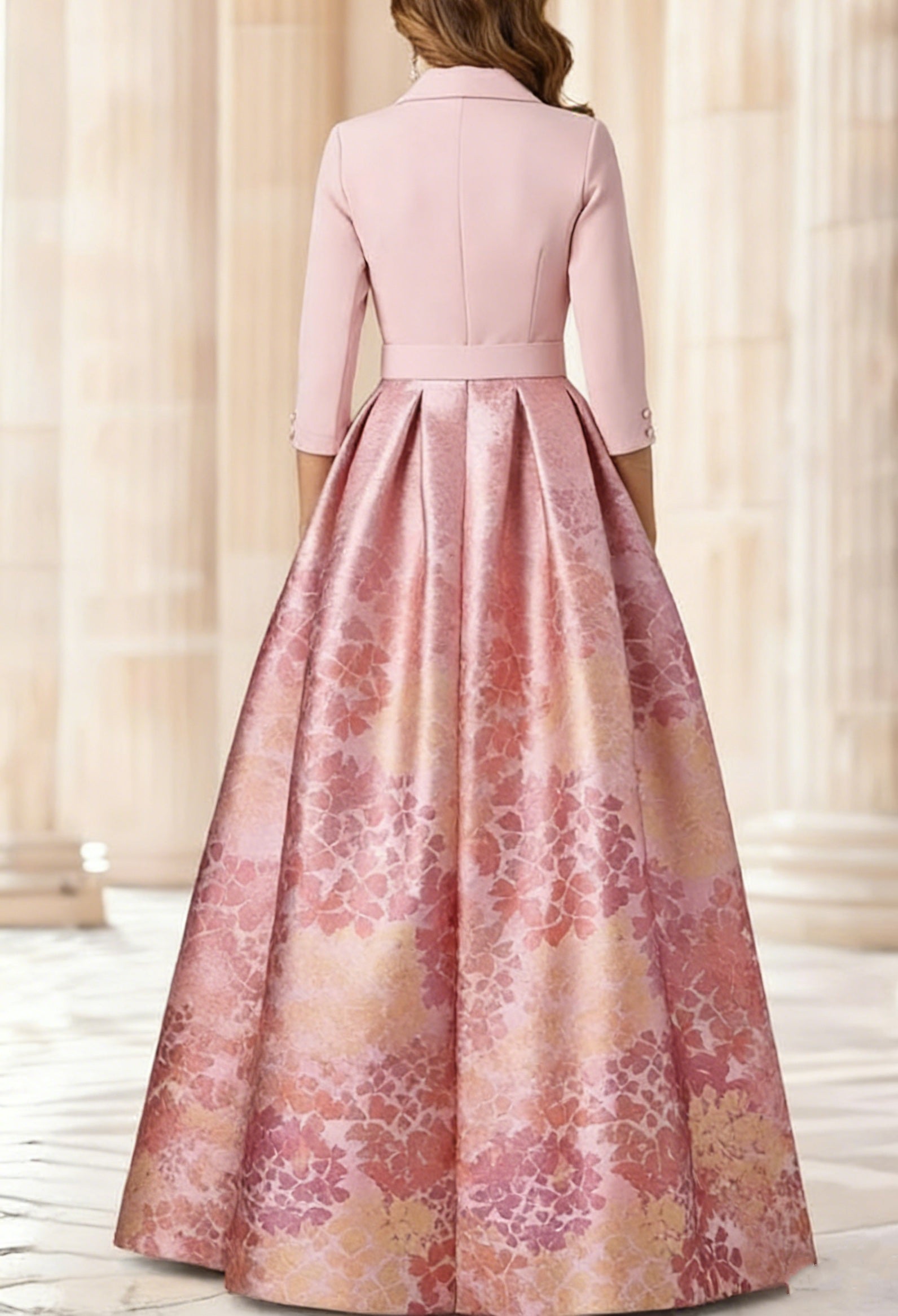 A Line Princess Shirt Collar Stretch Satin Mother Of The Bride Dresses 3 4 Sleeves Printed Satin Floral Floor Length