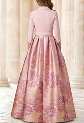 A Line Princess Shirt Collar Stretch Satin Mother Of The Bride Dresses 3 4 Sleeves Printed Satin Floral Floor Length