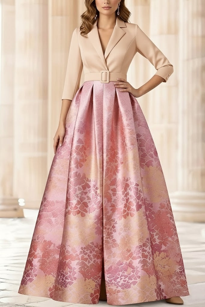 A Line Princess Shirt Collar Stretch Satin Mother Of The Bride Dresses 3 4 Sleeves Printed Satin Floral Floor Length