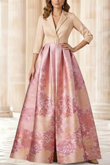 A Line Princess Shirt Collar Stretch Satin Mother Of The Bride Dresses 3 4 Sleeves Printed Satin Floral Floor Length