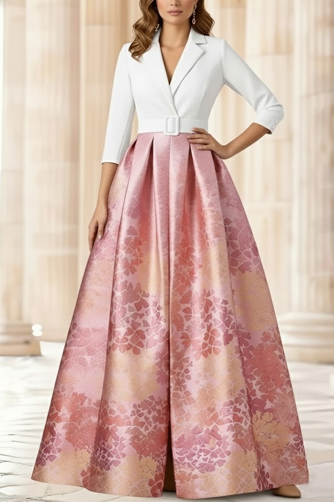 A Line Princess Shirt Collar Stretch Satin Mother Of The Bride Dresses 3 4 Sleeves Printed Satin Floral Floor Length