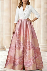 A Line Princess Shirt Collar Stretch Satin Mother Of The Bride Dresses 3 4 Sleeves Printed Satin Floral Floor Length