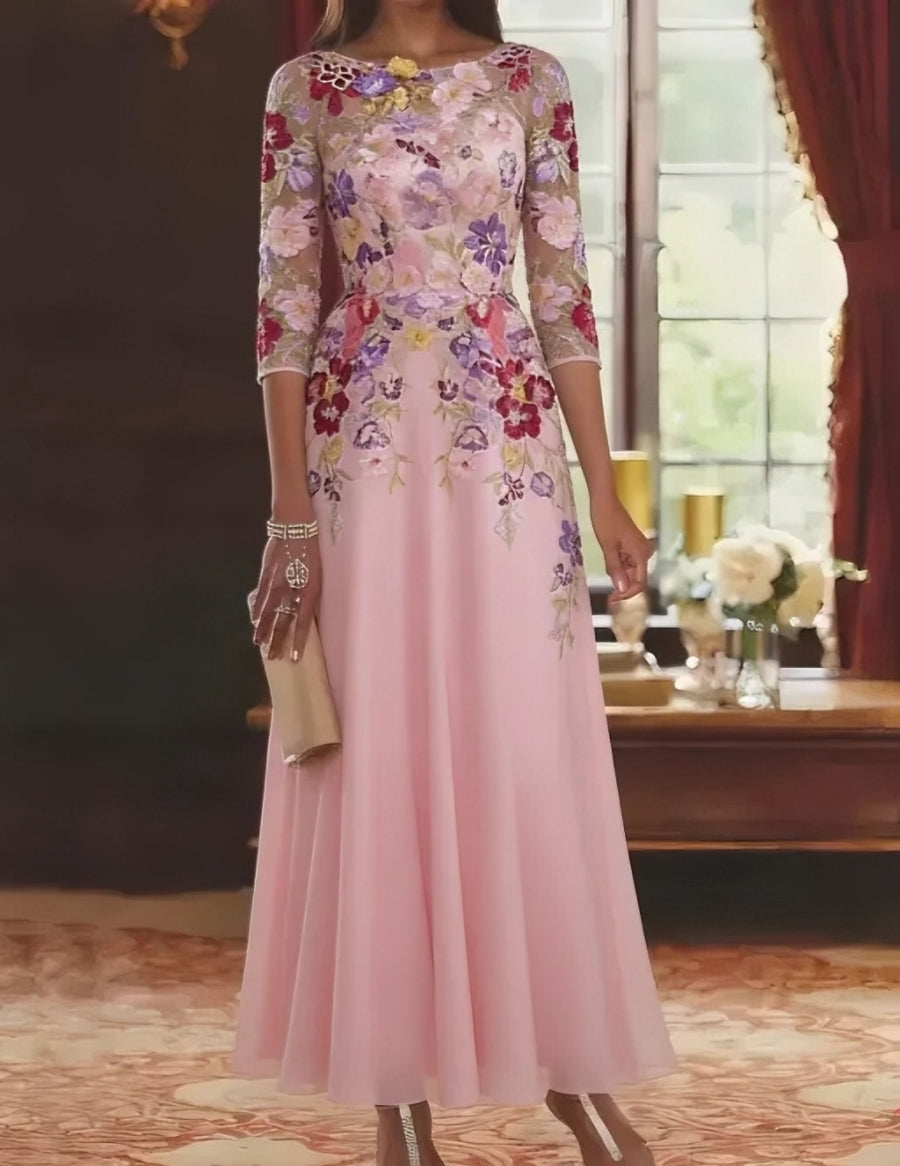 A Line Princess Scoop Chiffon Mother Of The Bride Dresses Lace Floral Half Sleeves Ankle Length