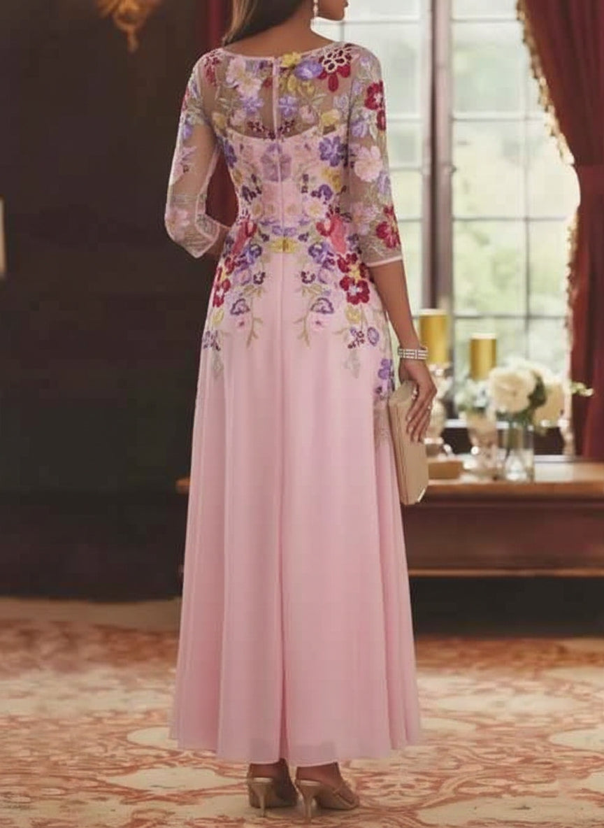 A Line Princess Scoop Chiffon Mother Of The Bride Dresses Lace Floral Half Sleeves Ankle Length
