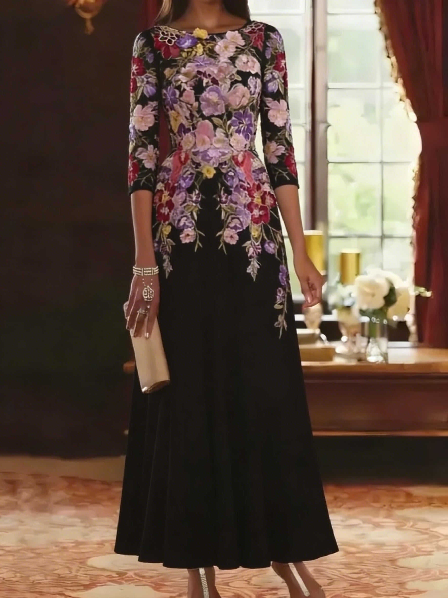 A Line Princess Scoop Chiffon Mother Of The Bride Dresses Lace Floral Half Sleeves Ankle Length